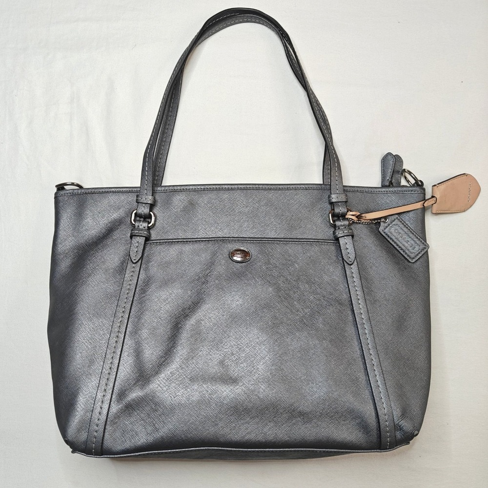 Coach Peyton Tote Large Silver Metallic Gray Leather Shoulder Bag Chic Purse